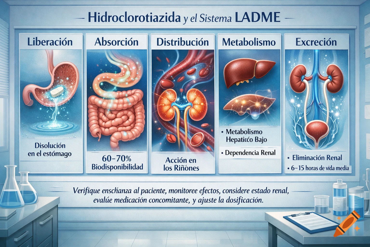 A detailed medical diagram explaining the LADME system for Hidroclorotiazida (Hydrochlorothiazide), showing the drug's journey through the human body.