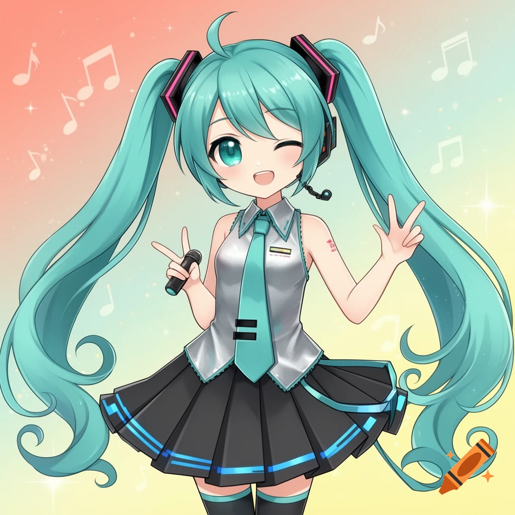 Chibi Hatsune Miku with teal pigtails winks, holding a microphone and making a peace sign, set against a pastel background with musical notes.