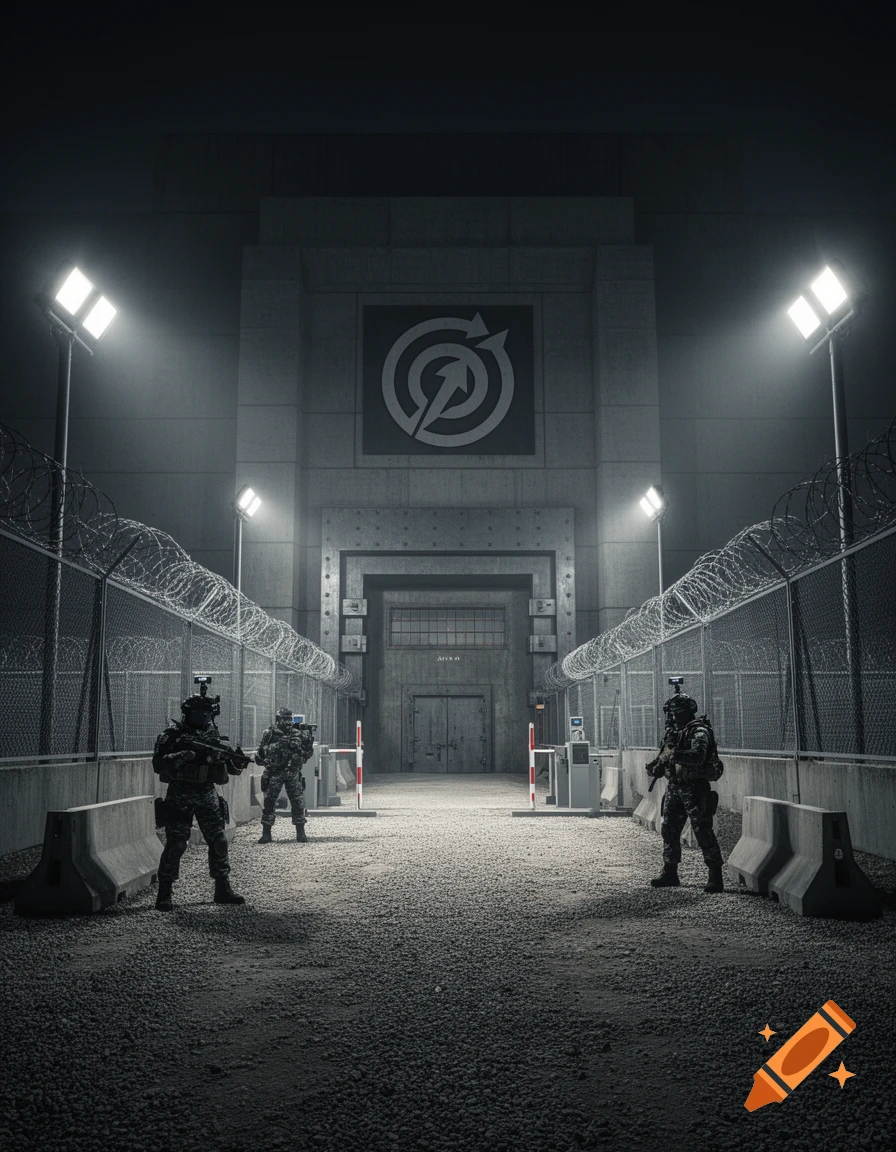 Three armed soldiers guard a secure concrete facility with a large logo, barbed wire fences, and security barriers under floodlights.