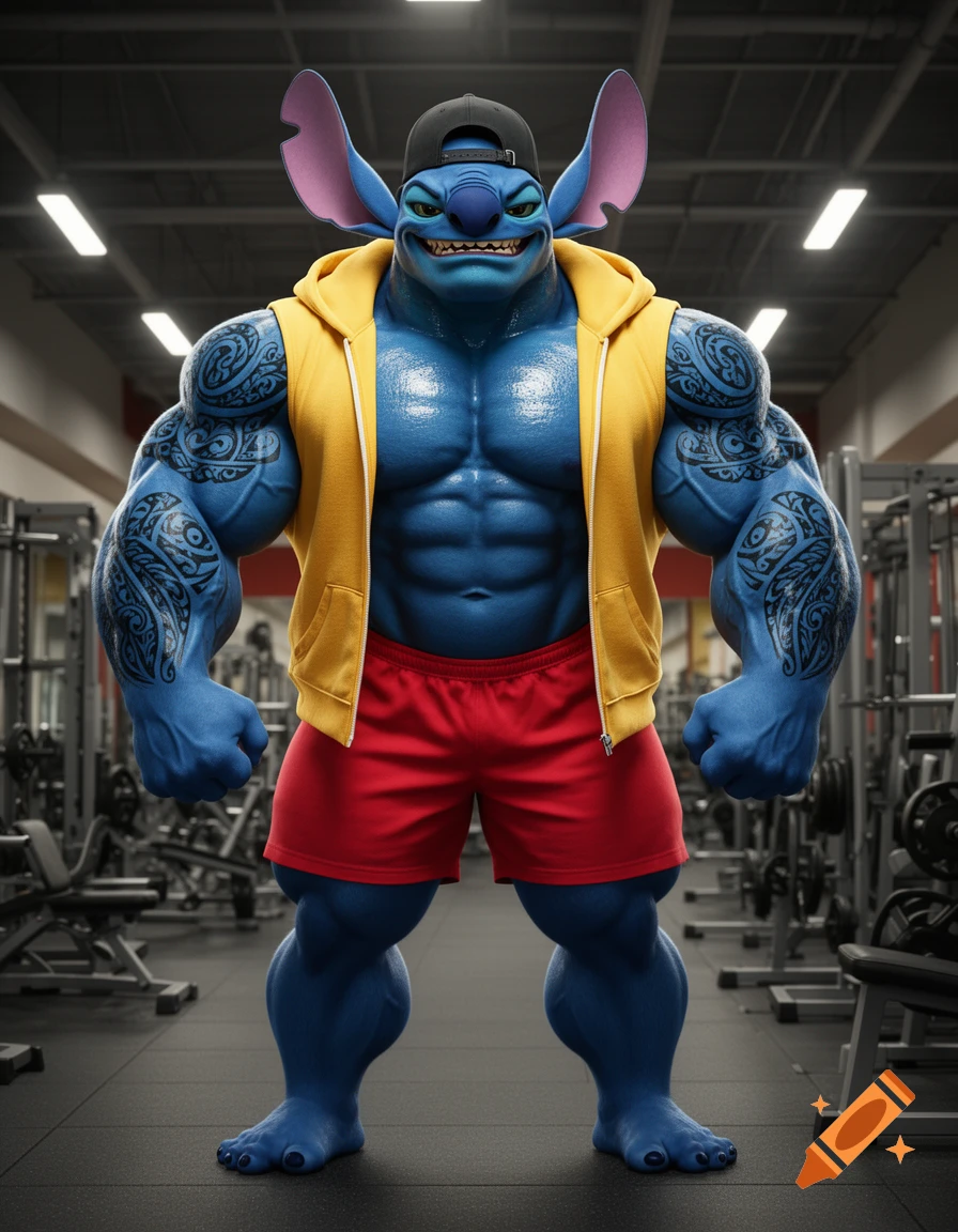 Muscular blue Stitch with tribal tattoos, yellow open hoodie, red shorts, and a backward cap stands confidently in a gym.