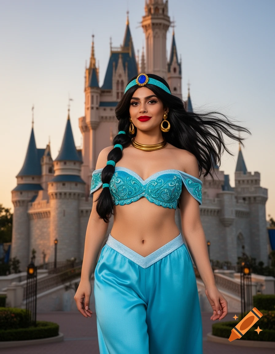 A woman cosplaying as Princess Jasmine in a blue outfit, red lipstick, and long dark hair, in front of Cinderella's castle.