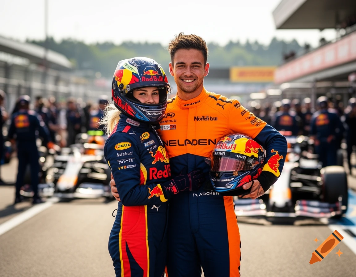 A blonde female Red Bull racing driver in a helmet and a male McLaren driver with a helmet in hand, both smiling and standing on a race track.