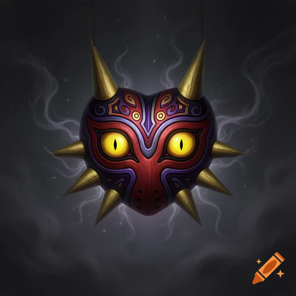 Stylized illustration of Majora's Mask with glowing yellow eyes and gold spikes, suspended in smoky darkness.