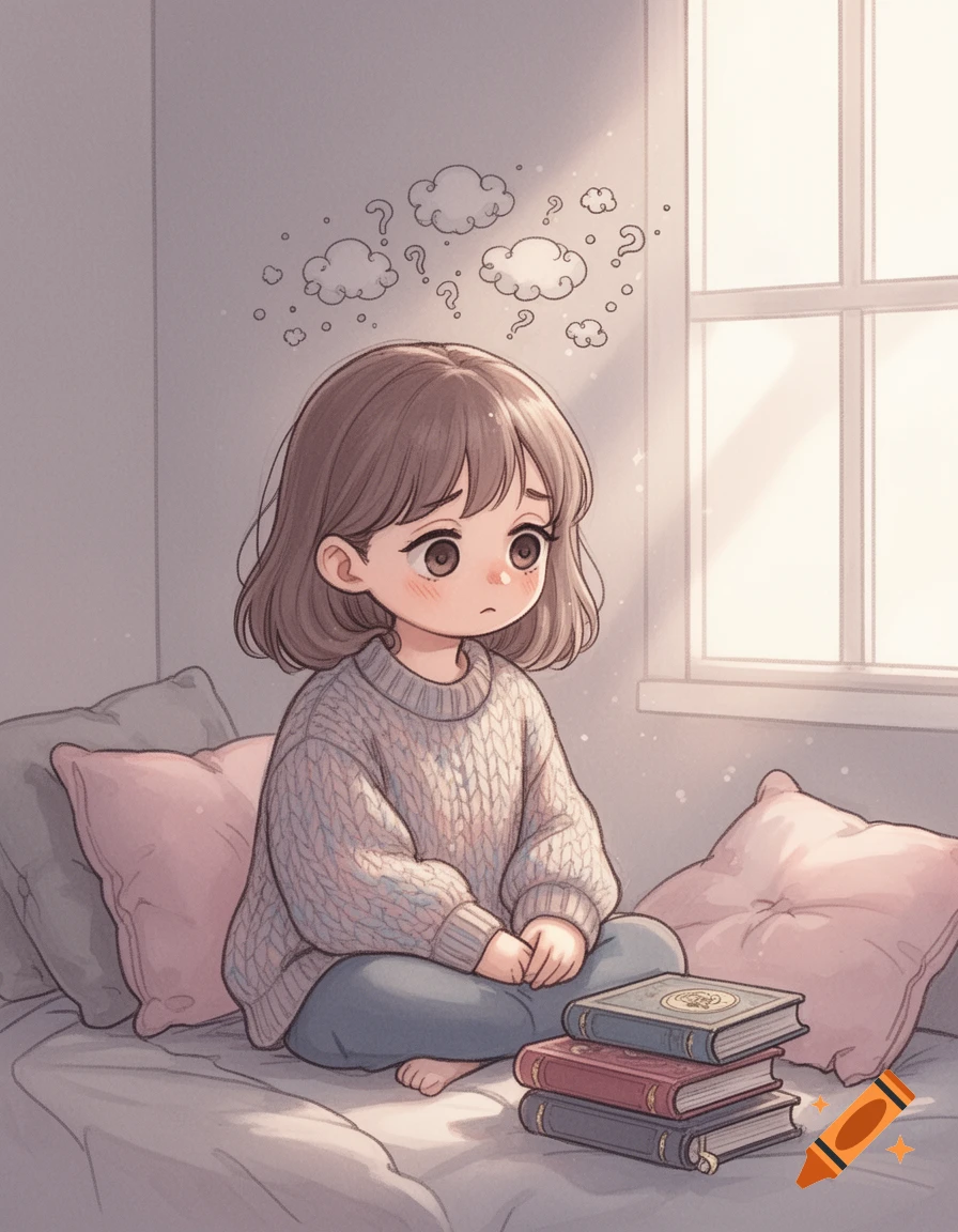 Cute anime-style illustration of a sad girl with bobbed hair, cross-legged on a bed next to books, overthinking.
