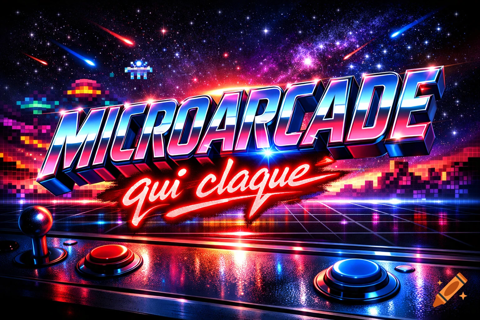 Vibrant retro-futuristic arcade control panel with glowing text "MICROARCADE qui claque" against a starry, pixelated space background.