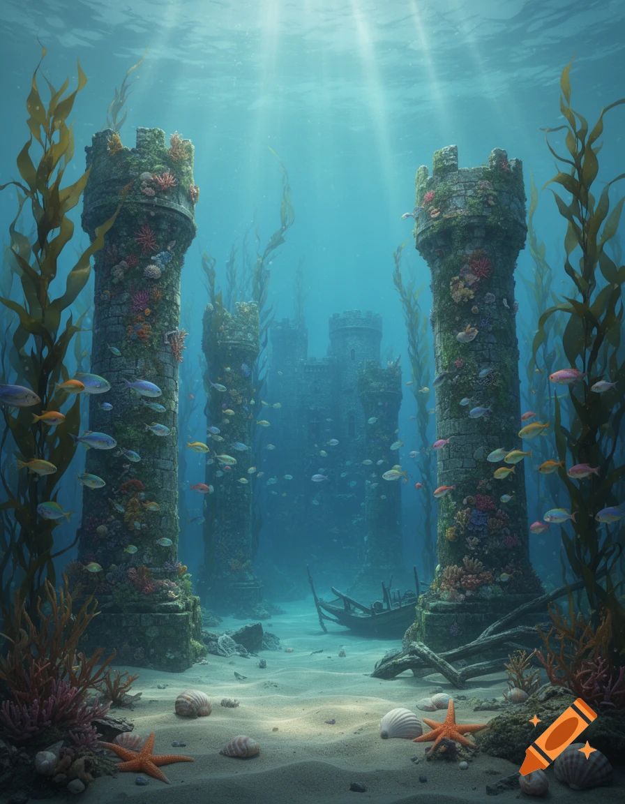 Ancient stone ruins covered in coral and seaweed underwater, vibrant fish swimming around, illuminated by sunbeams through clear blue water.