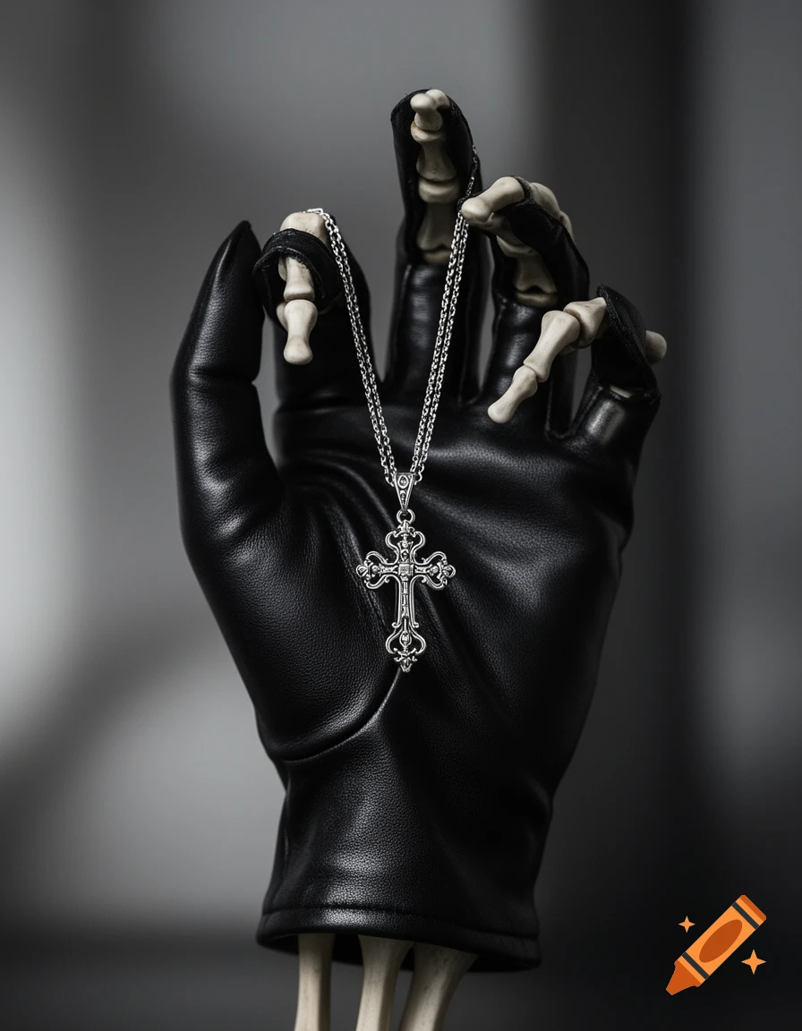 A skeleton hand in a black leather glove holds an ornate silver cross necklace against a dark background.