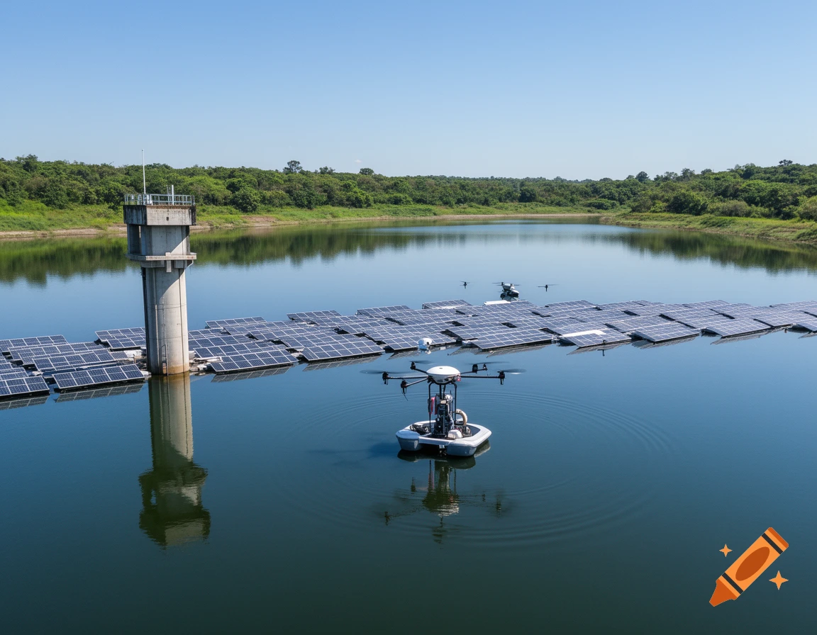 A drone rests on a floating station in a reservoir lined with floating solar panels, an intake tower, and lush green banks under a clear sky.