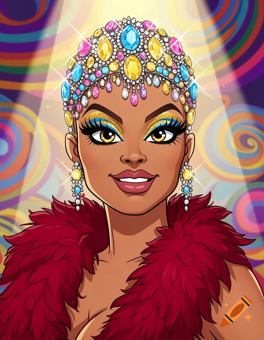 Cartoon portrait of a drag queen with a jewel-encrusted headpiece, bold makeup, and a red feather boa.