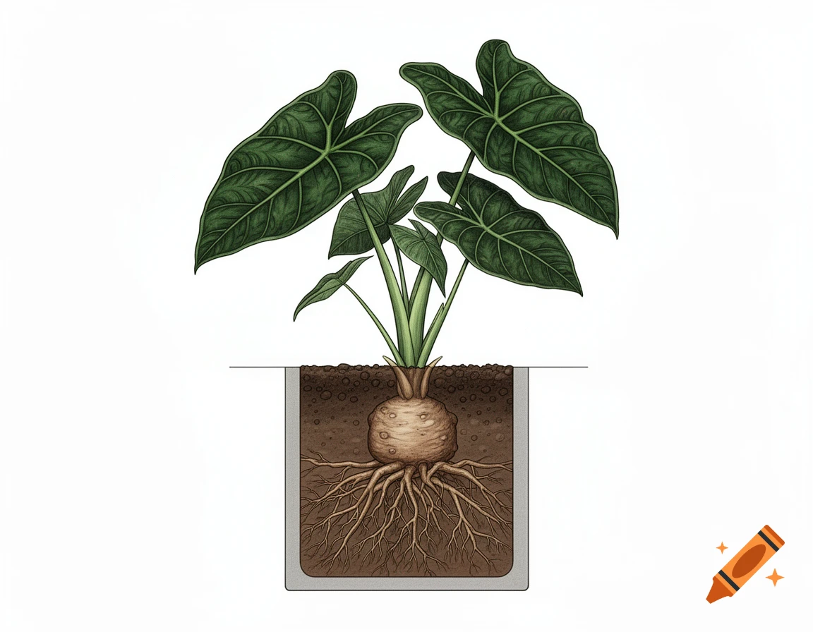 Botanical illustration of an Alocasia plant, cross-section in a pot showing green leaves, tuber, and root system.