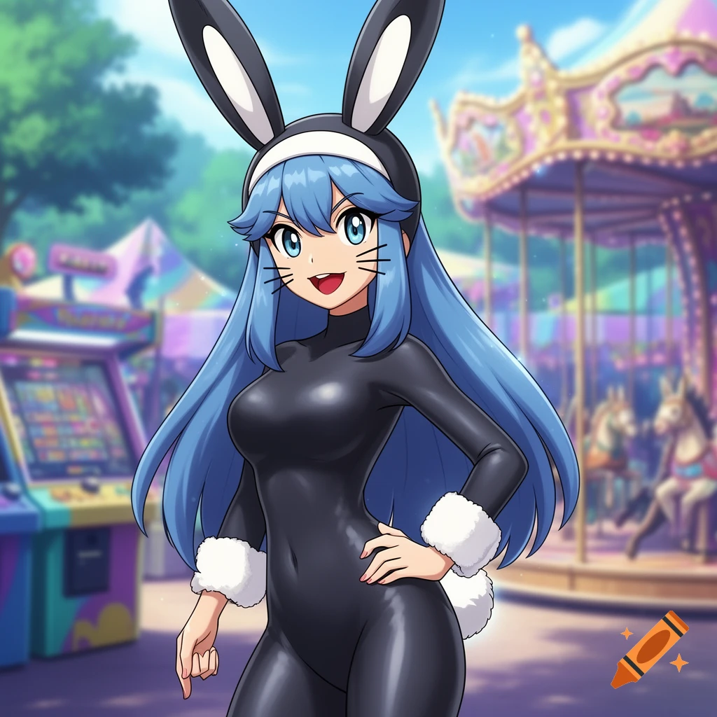 Anime girl with blue hair and cat whiskers in a black bunny suit, standing in an amusement park with a carousel and arcade machines.