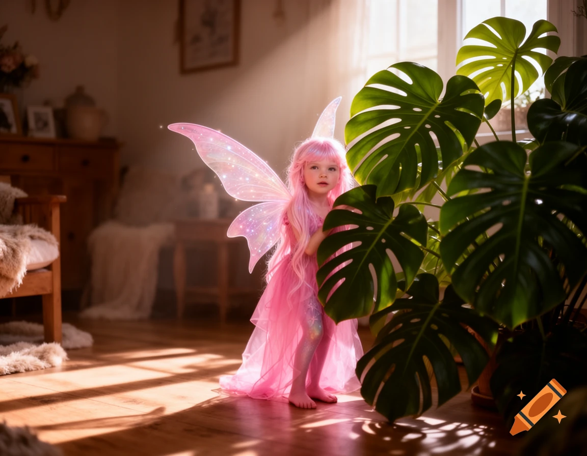 A young child with pink hair and sparkly wings, dressed as a fairy, peeks from behind a large Monstera plant in a sunlit room. Photorealistic style.