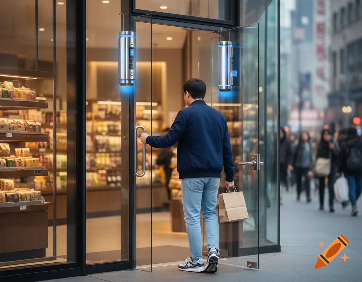 A person exits a modern store, carrying a brown paper bag, as futuristic blue-glowing sensors above the glass door scan items.