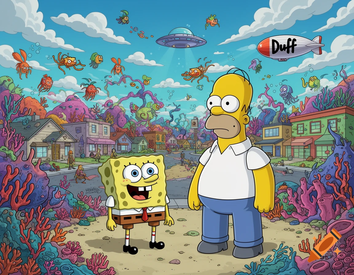 Homer Simpson and SpongeBob SquarePants stand in a surreal, coral-filled town with flying sea creatures, a UFO, and a "Duff" blimp.
