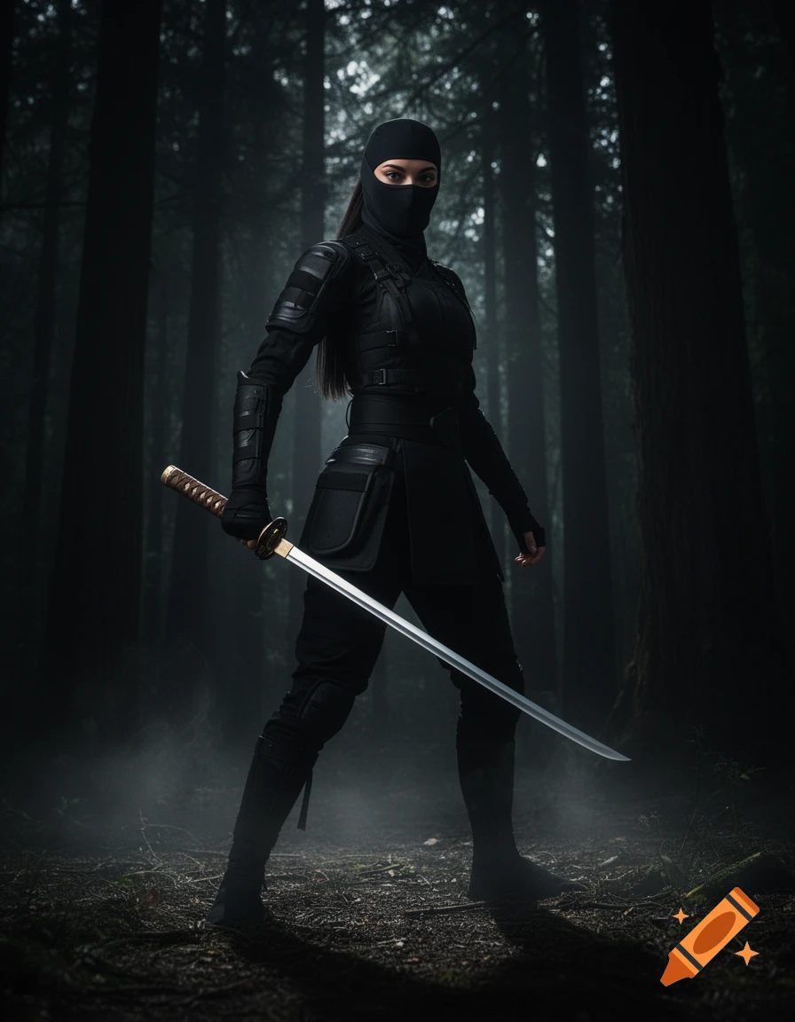 A photorealistic image of a female ninja in black gear holding a katana, standing in a dark, misty forest.