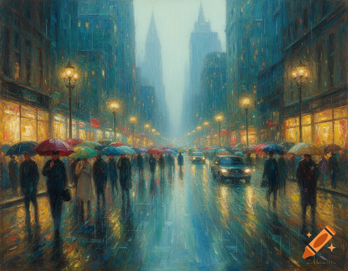 Impressionist painting of a bustling city street at night with people under umbrellas in the rain, reflecting streetlights.