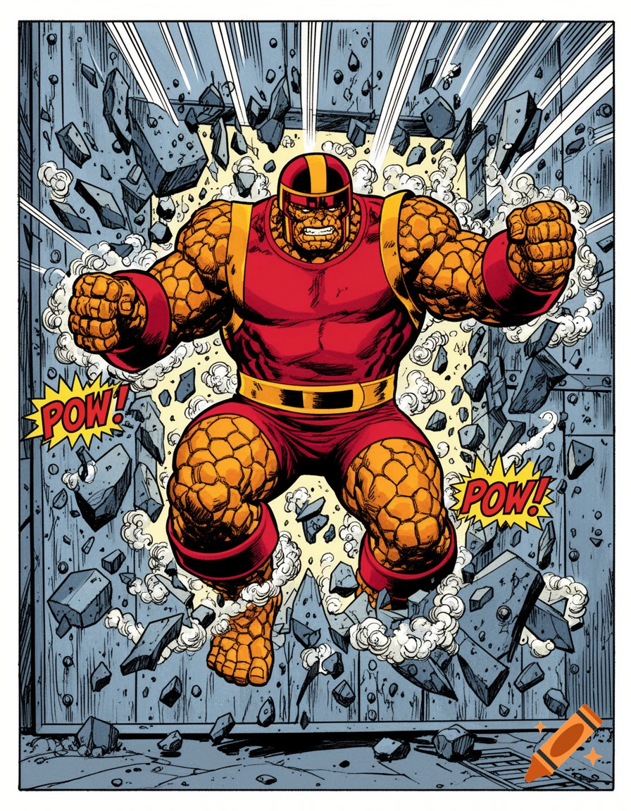 The Thing dressed as Juggernaut bursts through a metal wall, shouting "POW!" in an old Marvel comic art style.