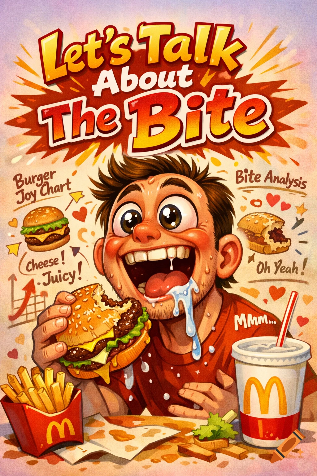 Vibrant cartoon illustration of a man drooling while eagerly eating a McDonald's burger, with fries and a drink. Title: Let's Talk About The Bite.