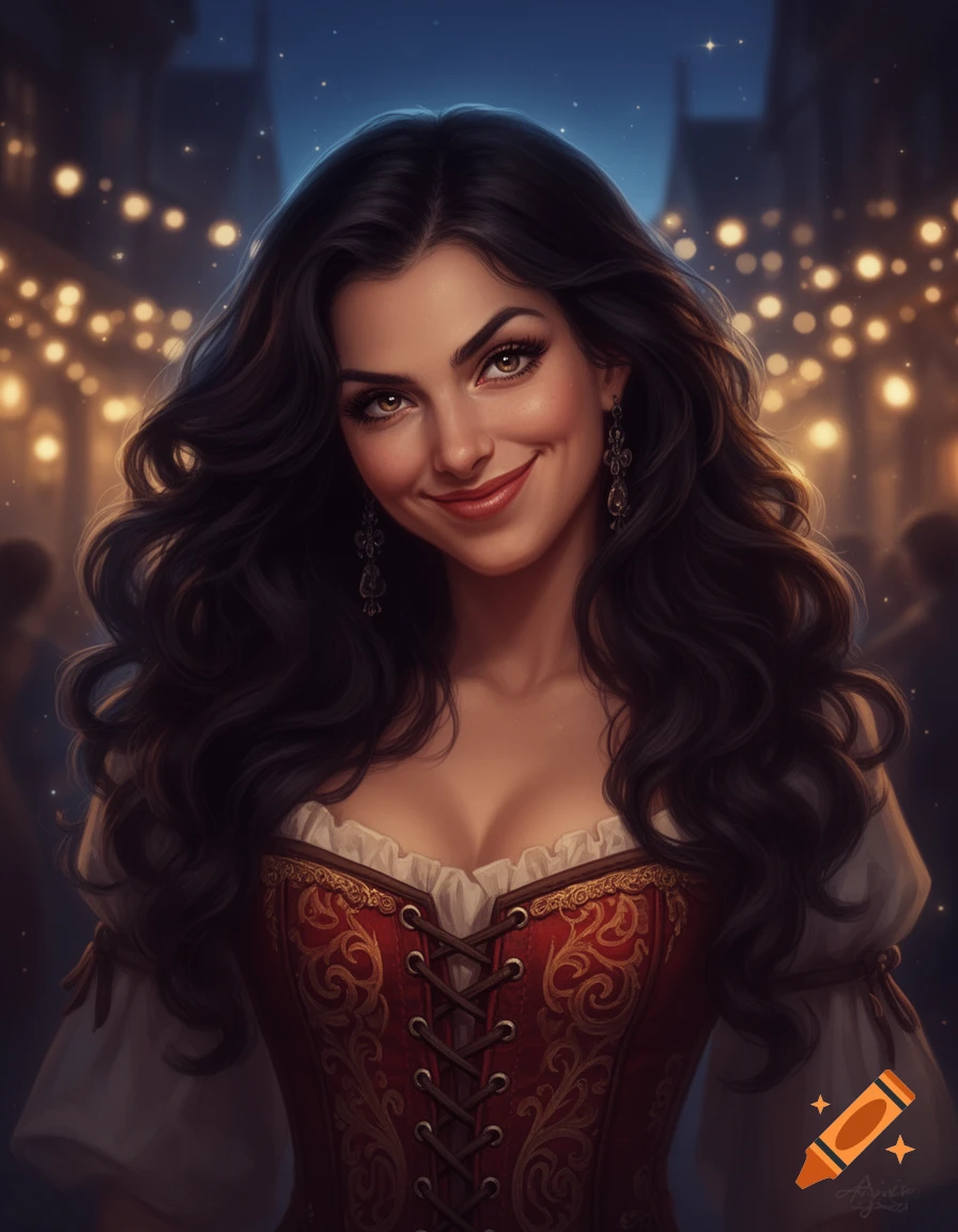 A smiling woman with long dark wavy hair wears a red corset, looking at ...