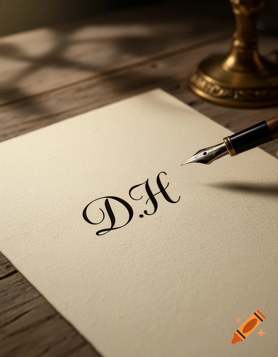 A fountain pen rests beside a piece of paper with the initials "D.H" written in elegant script on a wooden desk, illuminated by soft light.