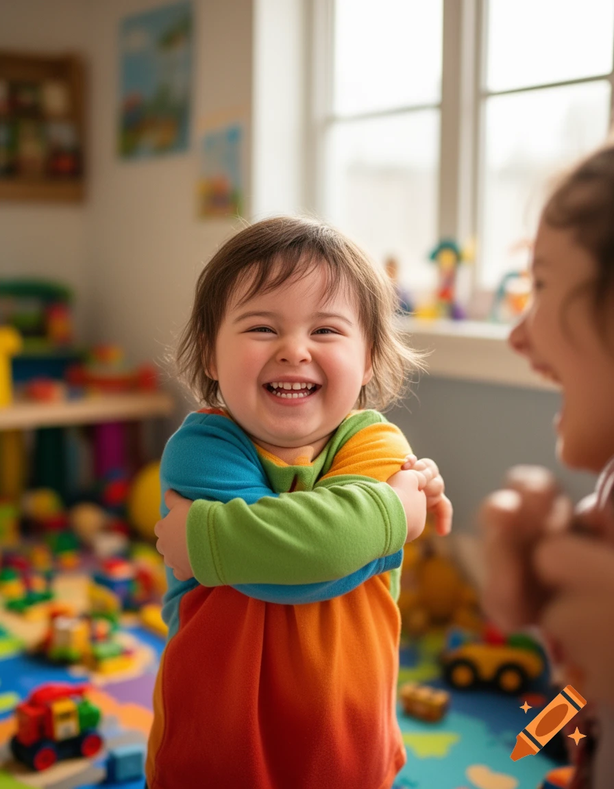 A smiling toddler in a colorful shirt crosses arms in a bright playroom filled with scattered toys.