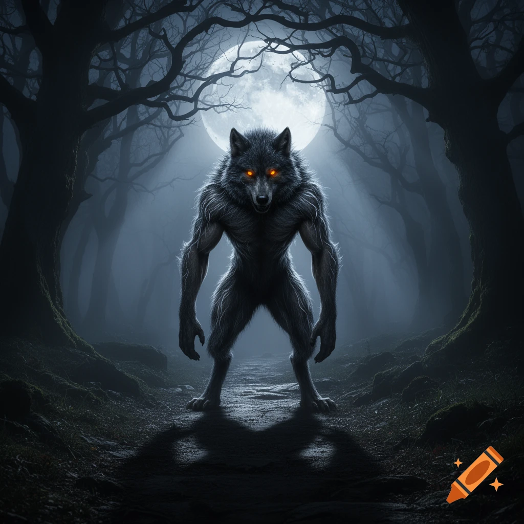 A snarling werewolf with glowing orange eyes stands on a path in a dark, foggy forest under a bright full moon.
