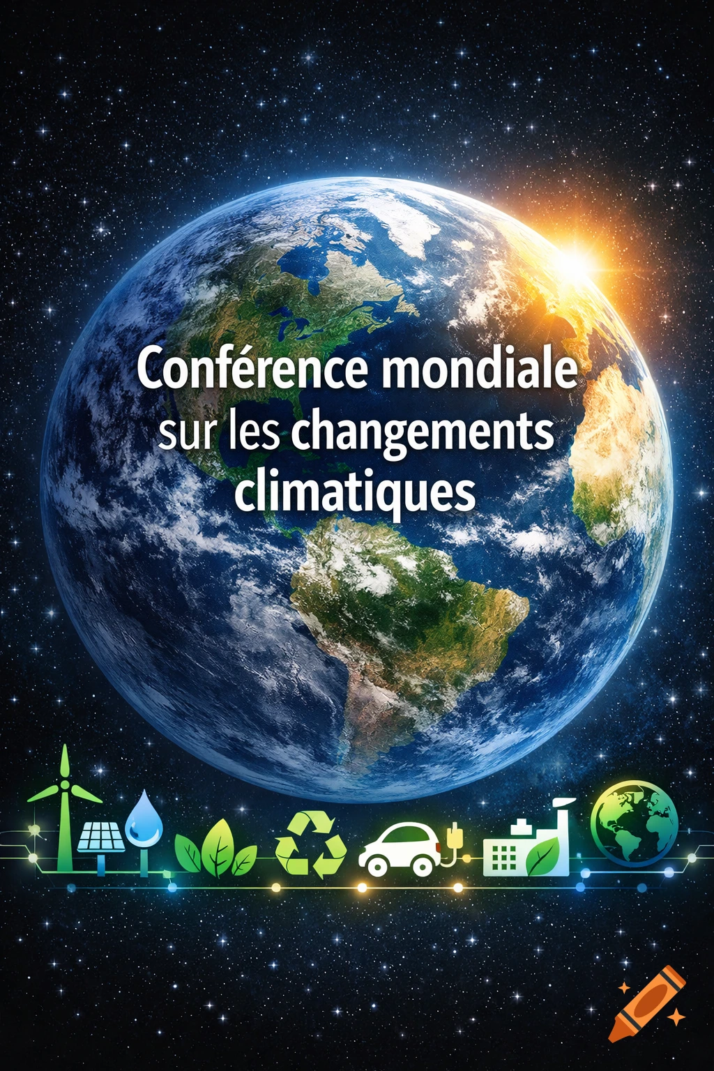 The Earth from space with environmental icons and text 'World conference on climate change'.