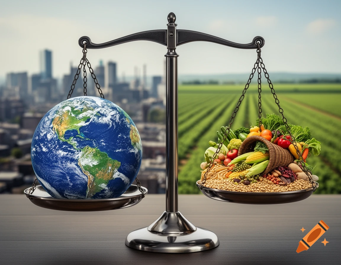A balance scale weighing planet Earth on one side and a cornucopia overflowing with diverse produce on the other, set against a city and farm landscape.