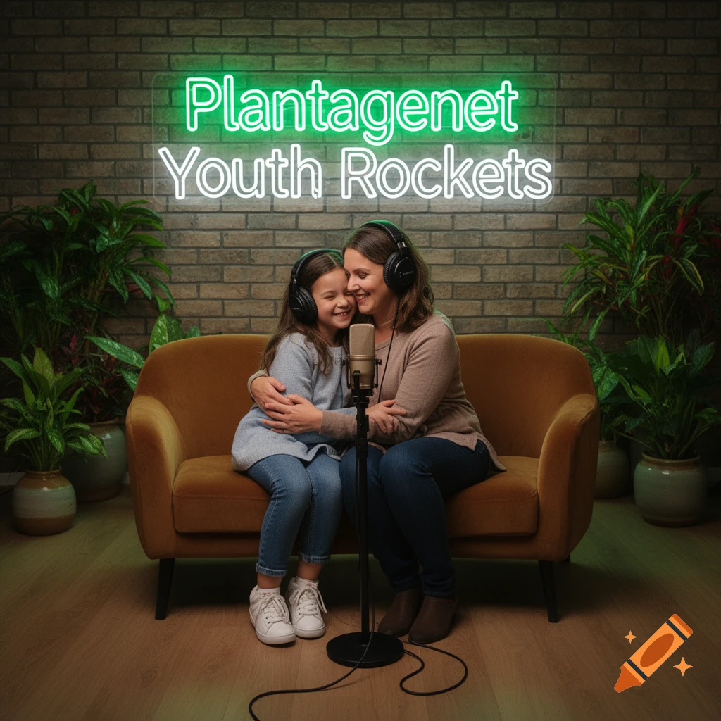 A mother and daughter wearing headphones hug while sitting on a couch in front of a microphone, with a 'Plantagenet Youth Rockets' neon sign above.
