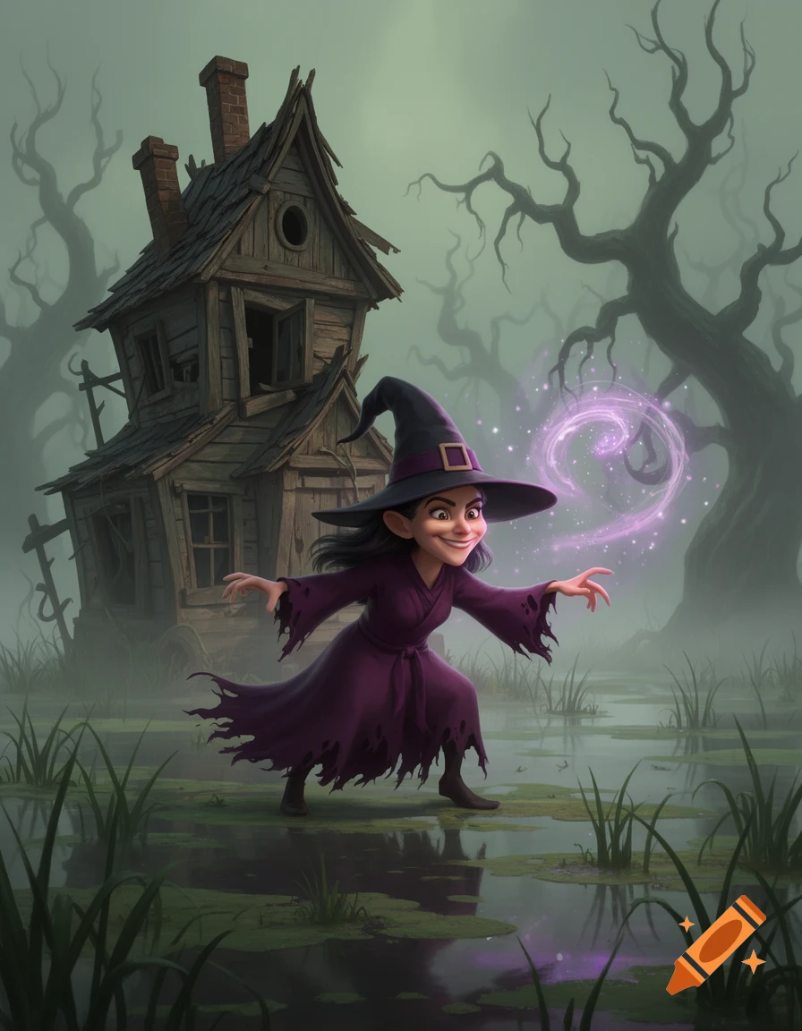 A cartoon witch in a purple dress casts a spell in a misty swamp, with a dilapidated house and gnarled trees in the background.