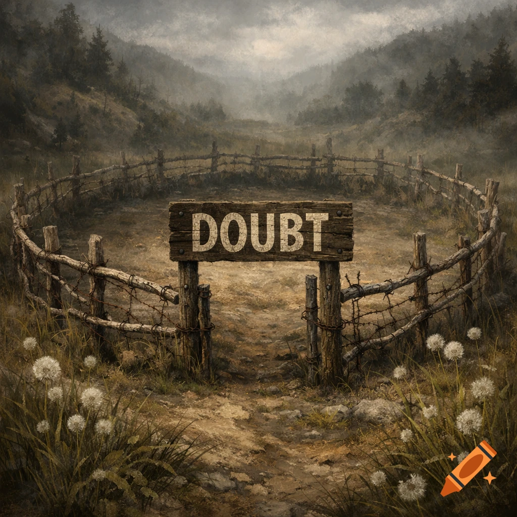 A wooden sign with 'DOUBT' on it in a circular fenced area with dandelions, set in a misty, gloomy landscape.