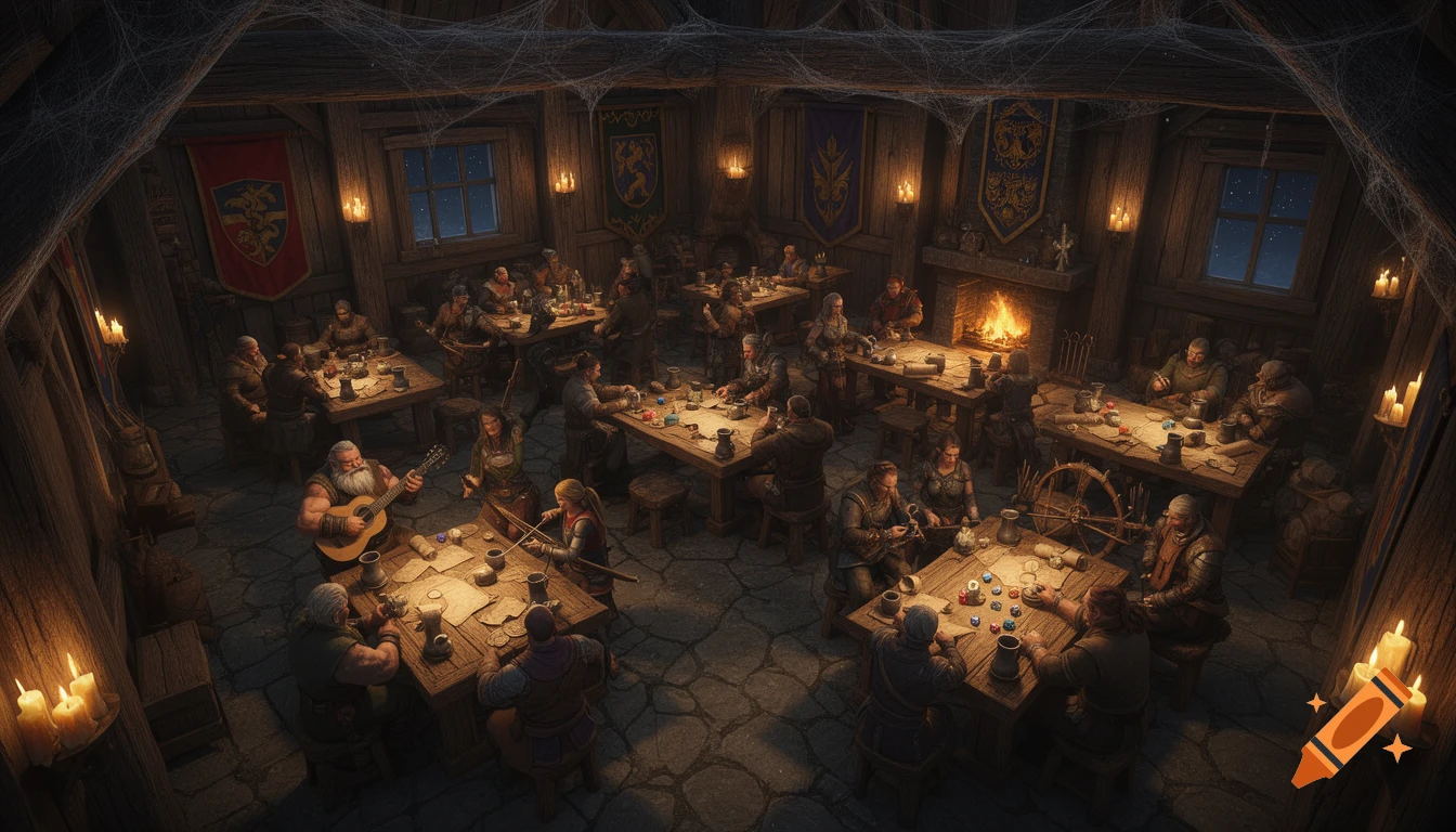 A top-down view of a bustling fantasy tavern with patrons drinking, playing games, and listening to a musician.