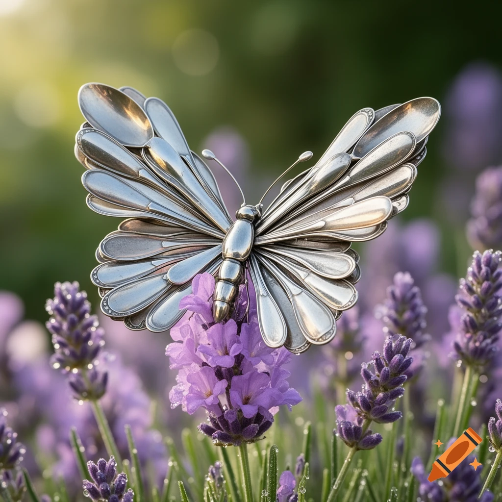 A photorealistic close-up of a butterfly sculpture crafted from silver spoons, resting on purple lavender flowers with dew drops.