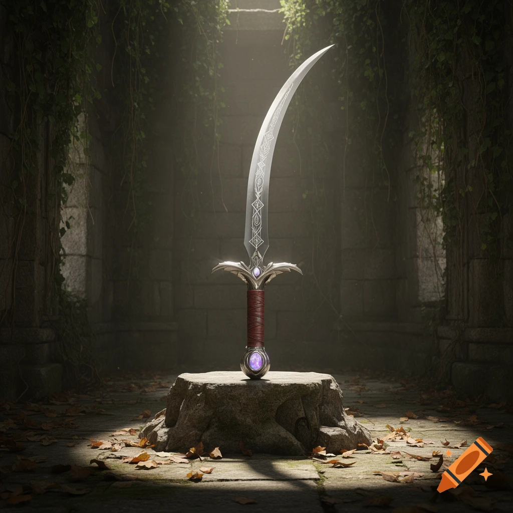 An ornate fantasy sword with a curved, patterned blade, purple gems, and a leather-wrapped hilt stands on a stone in an ancient, overgrown ruin.