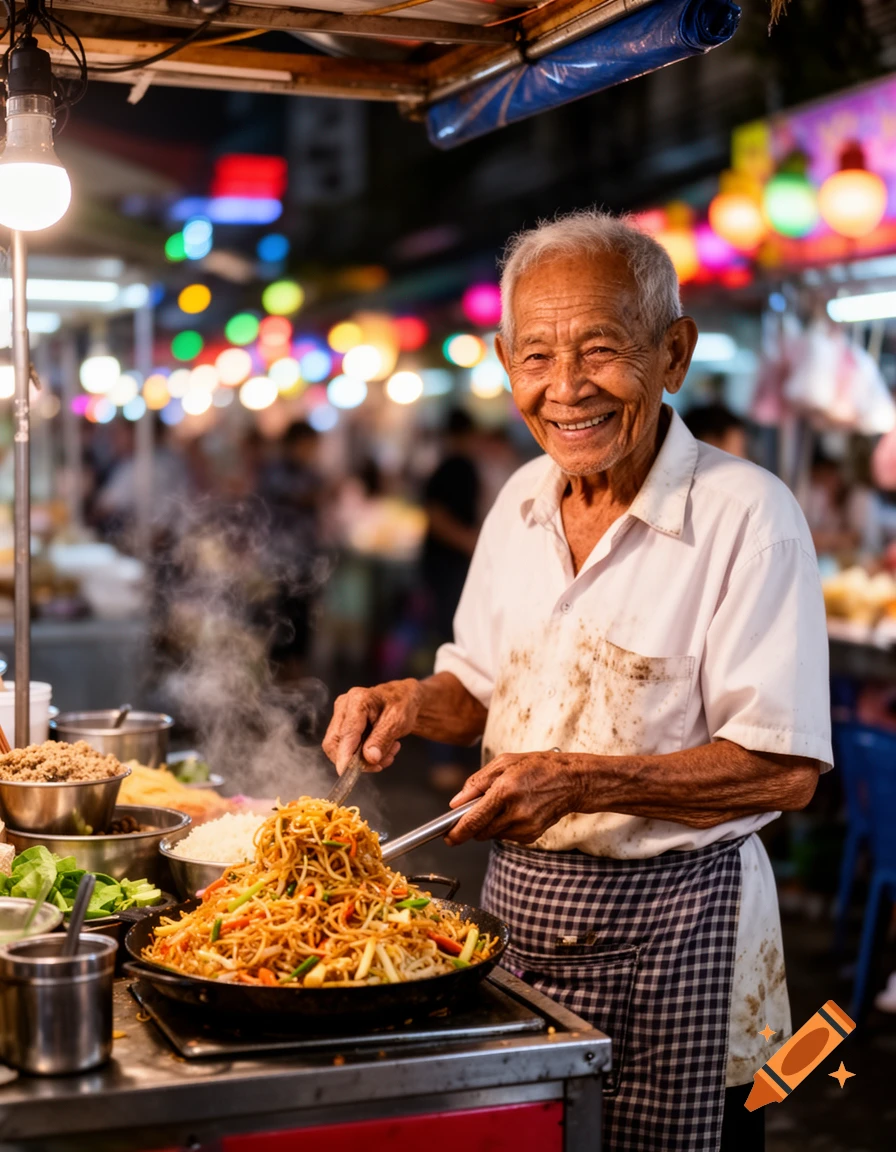 A smiling elderly Asian man cooks noodles at a bustling night street food stall, steam rising from the wok.