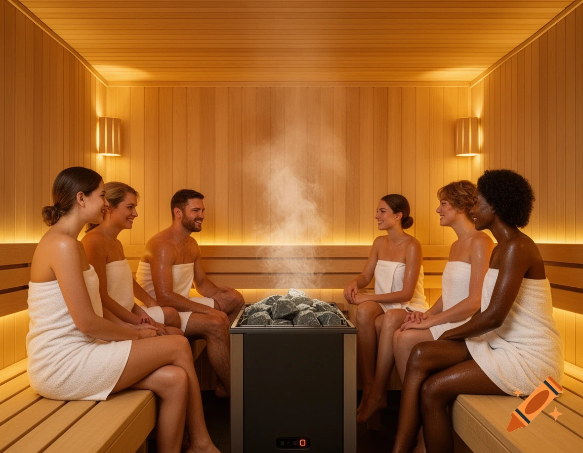 Six people, wrapped in white towels, sit smiling on wooden benches in a warm, steamy sauna, with a central heater.