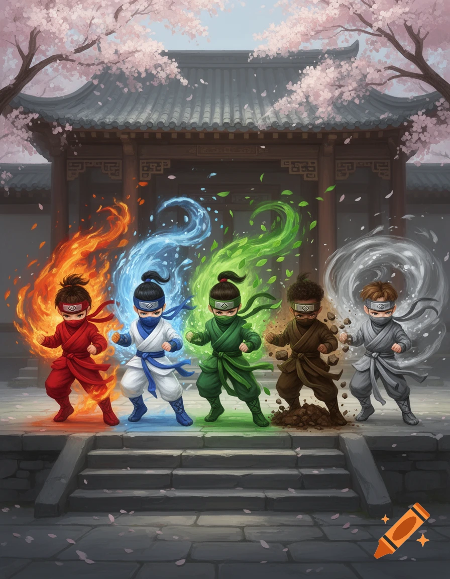 Five chibi ninja children, each with an elemental power (fire, water, nature, earth, wind), pose in front of a traditional temple with cherry blossoms.