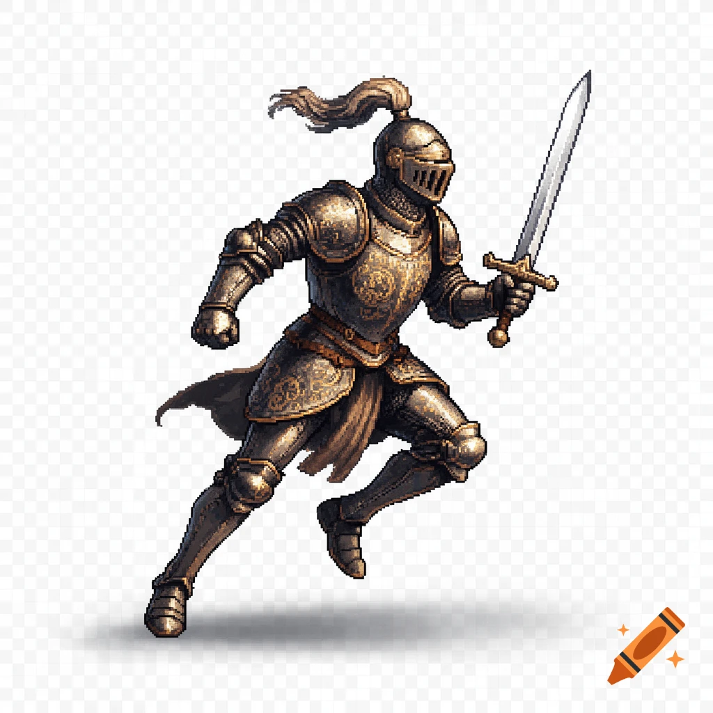 Pixel art sprite of a medieval knight in golden armor, holding a sword, running, against a transparent background.