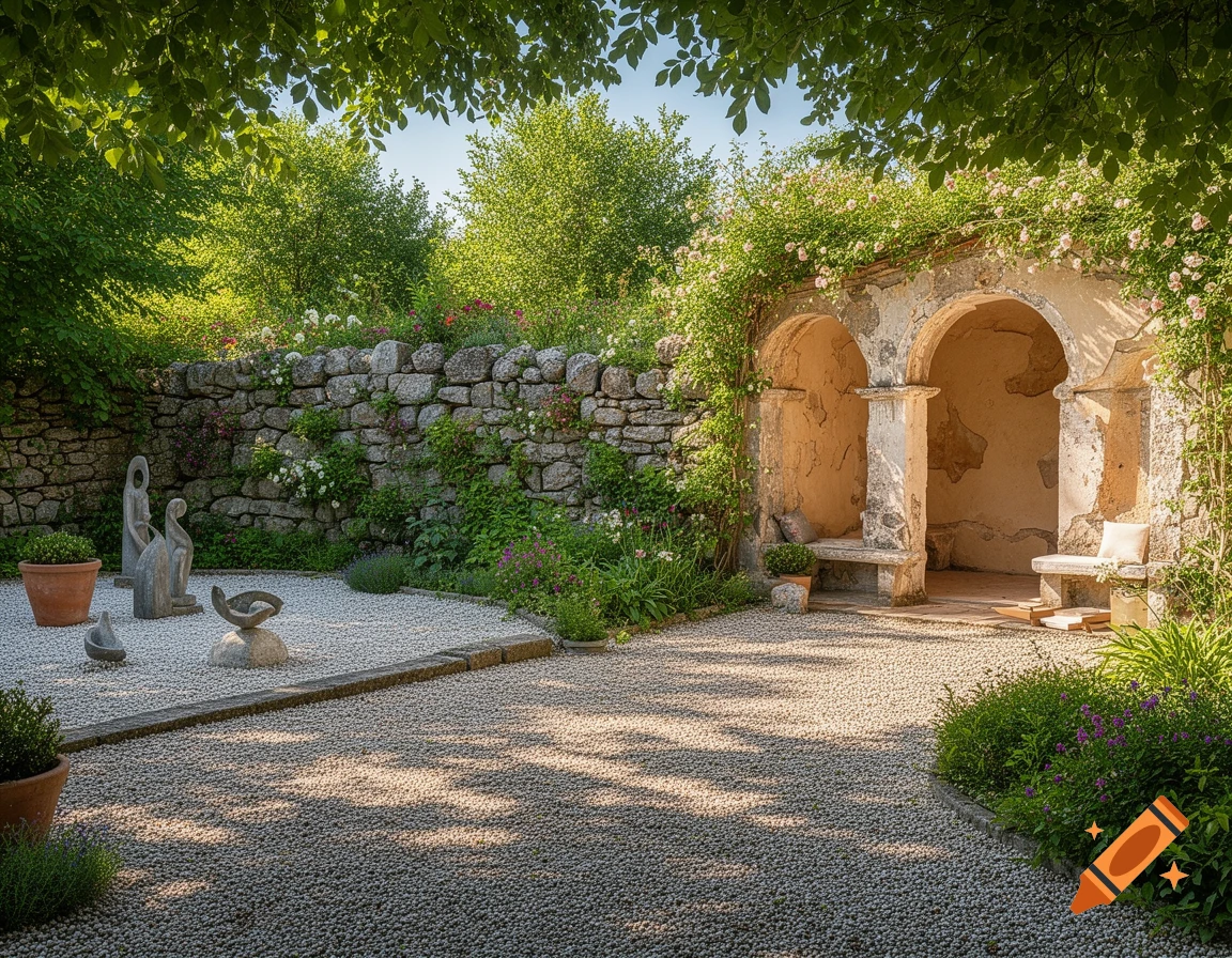 A lush garden courtyard with a stone wall, gravel path, an old arched stone ruin with seating, and abstract sculptures, under dappled sunlight.