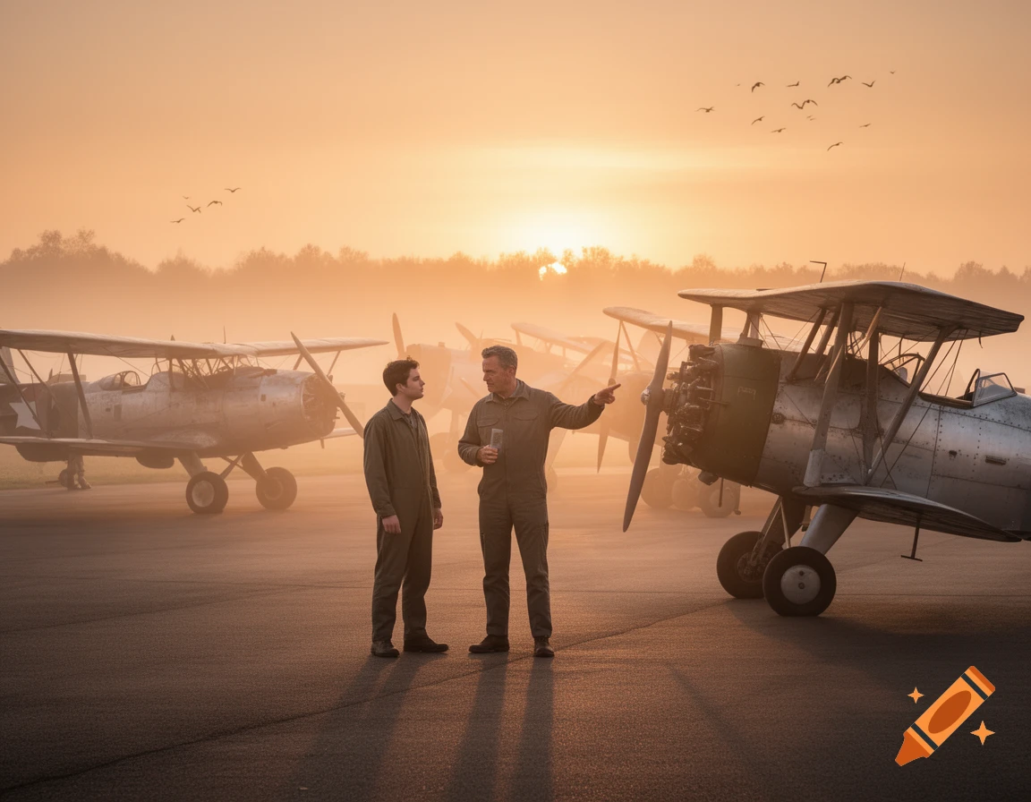 Two men in flight suits stand on an airfield with vintage biplanes at sunrise, amidst a misty, warm glow.