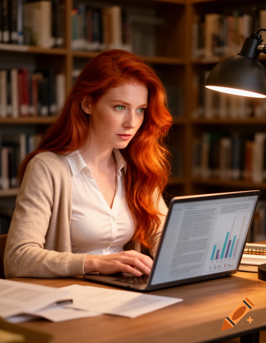 A red-haired woman with green eyes works on a laptop at a wooden desk in a library, under a desk lamp.