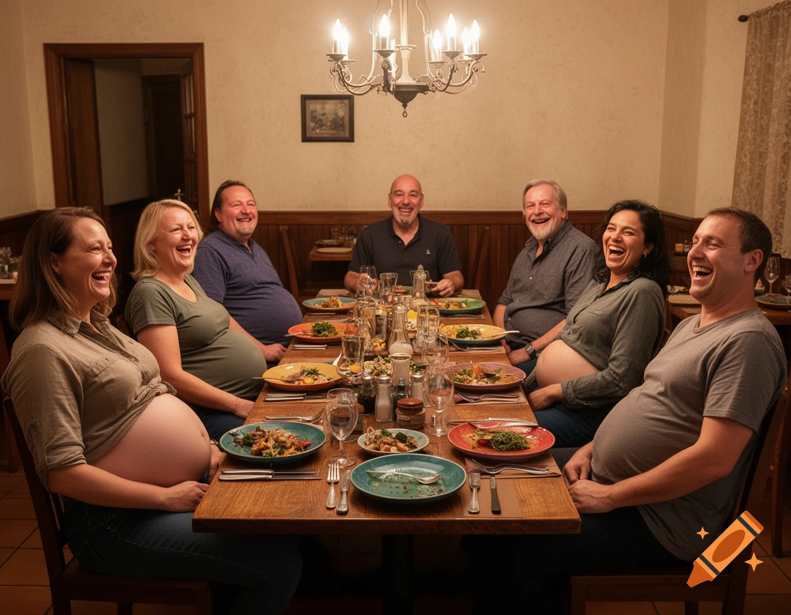 A group of people with visibly large bellies laughing around a dinner table in a restaurant setting, enjoying a meal.