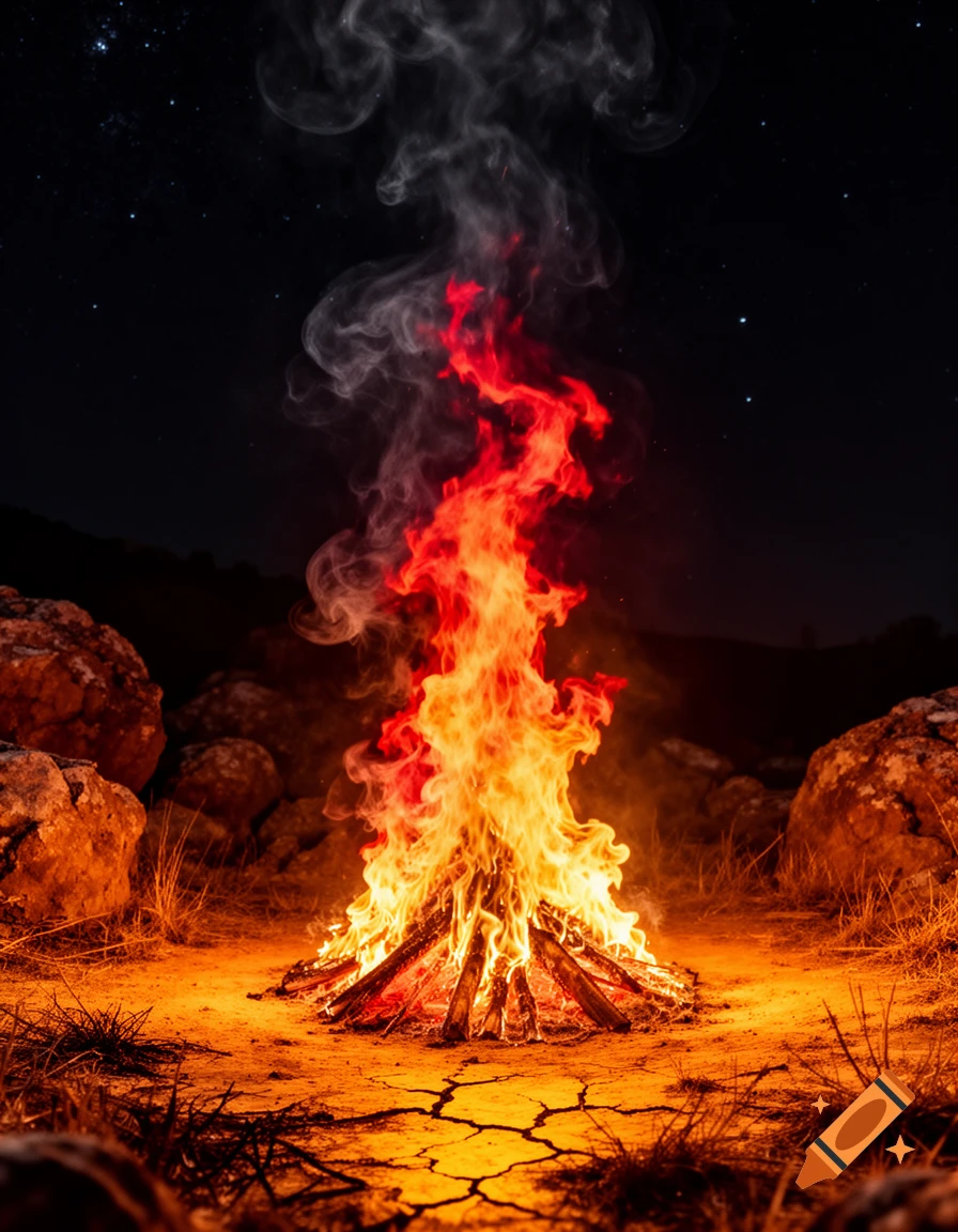 A bright campfire with vibrant flames and smoke burning at night, surrounded by rocks and cracked earth under a starry sky.
