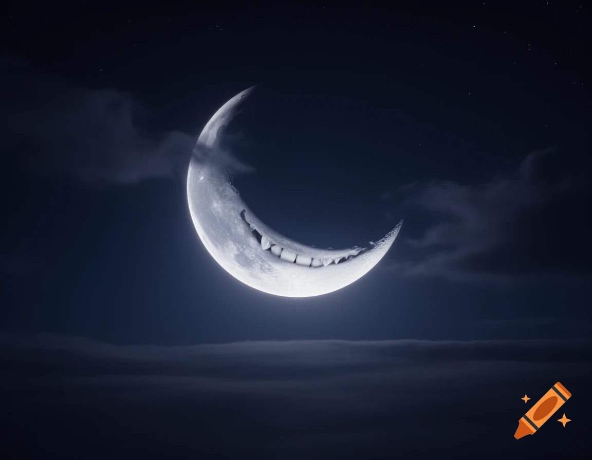 A glowing crescent moon with human-like teeth forming a smile, set against a dark, cloudy night sky with tiny stars.