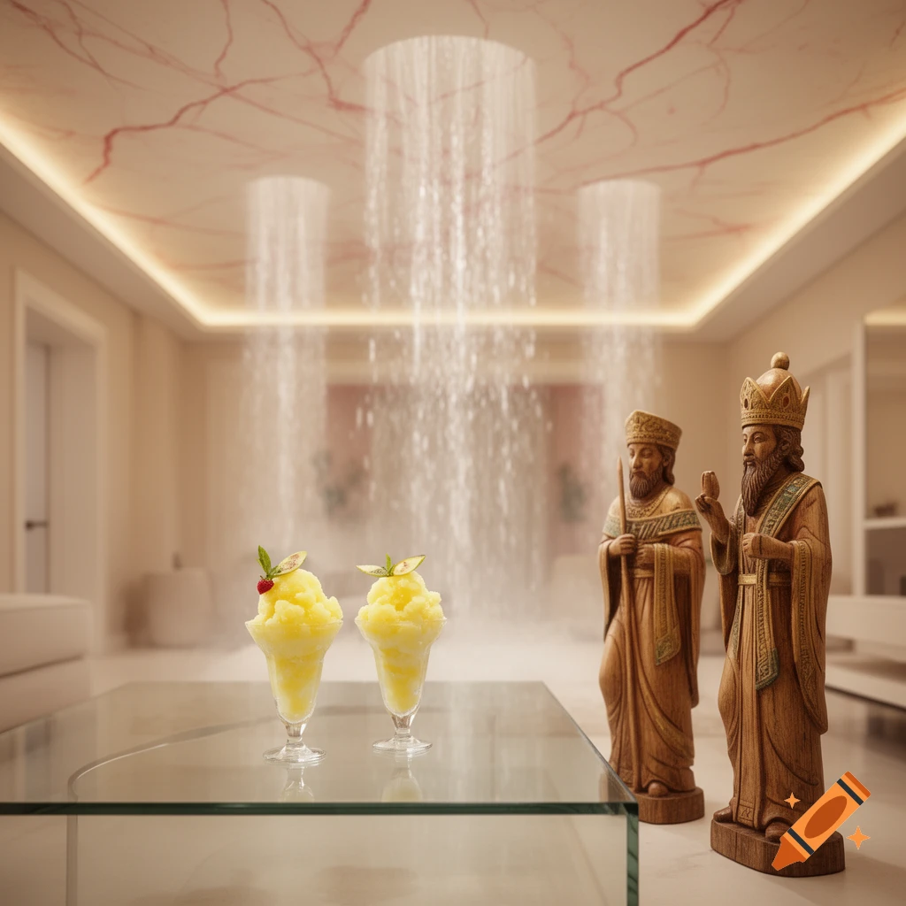An apartment interior with waterfalls flowing from a cream and red-veined ceiling, two lemon sorbets on a glass table, and two wooden statues of kings.