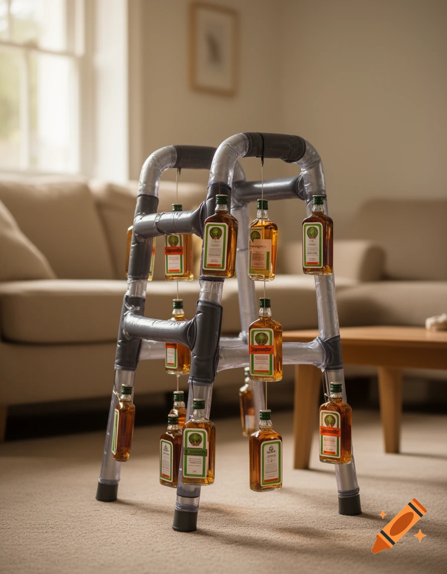 A walker covered in small bottles of Jägermeister-like alcohol stands on a carpet in a living room.