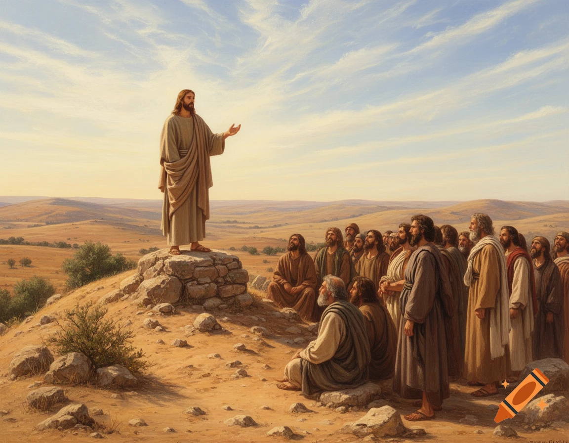 Jesus Christ stands on a rock, speaking to a crowd gathered in a dry, rocky, desert landscape under a clear sky, in the style of a traditional painting.
