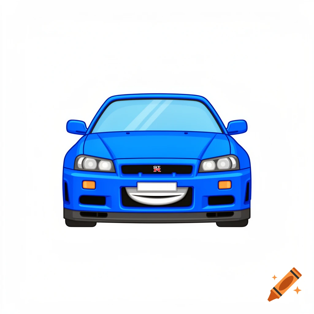 A blue Nissan GT-R R34 car in emoji style, front view, on a white background.
