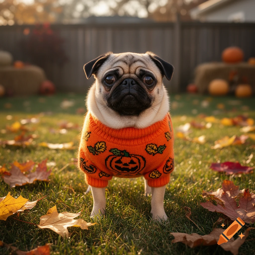 A photorealistic pug wearing an orange pumpkin sweater stands in a grassy yard with fall leaves and pumpkins in the background.
