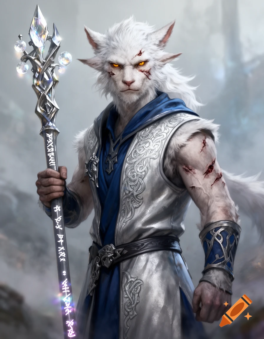 A powerful white-furred Miqo'te male healer with battle scars, wearing blue and silver robes, holding a glowing crystal staff.